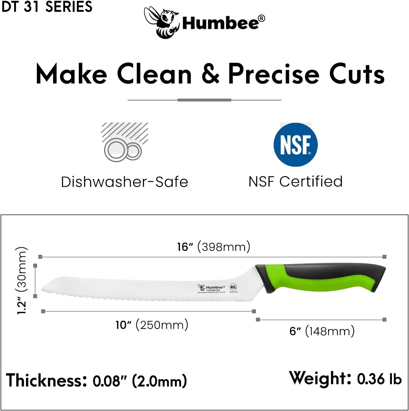 8-Inch Offset Serrated Bread Knife, Premium High Carbon Stainless Steel Blade Knife for Bread with Ergonomic Handle, NSF Certified, DT-31 Series, Black