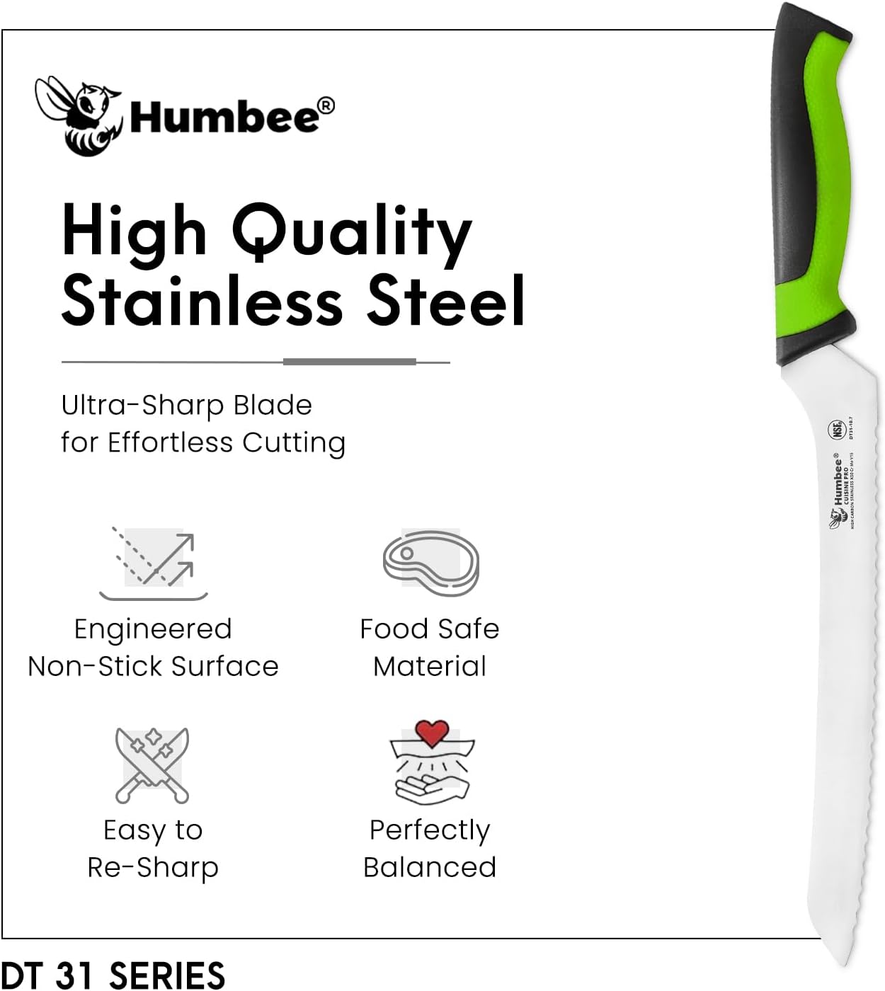 8-Inch Offset Serrated Bread Knife, Premium High Carbon Stainless Steel Blade Knife for Bread with Ergonomic Handle, NSF Certified, DT-31 Series, Black