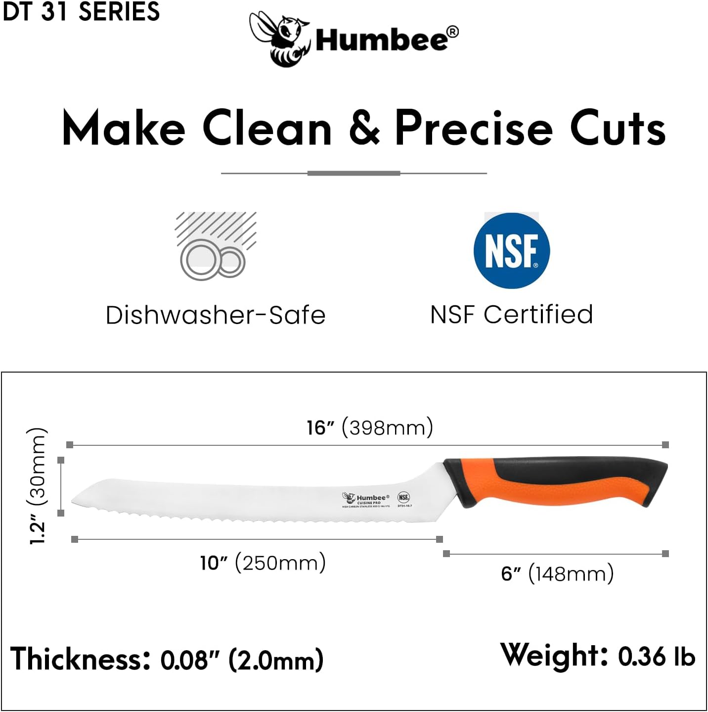 8-Inch Offset Serrated Bread Knife, Premium High Carbon Stainless Steel Blade Knife for Bread with Ergonomic Handle, NSF Certified, DT-31 Series, Black