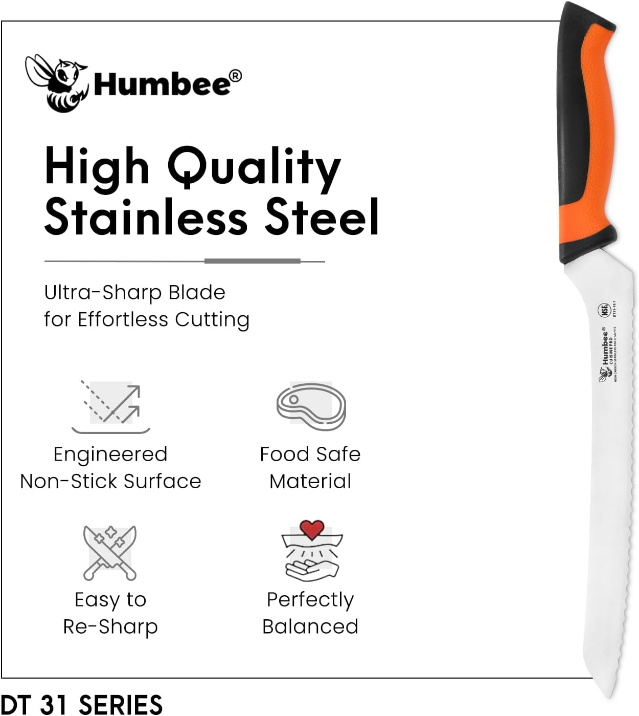 8-Inch Offset Serrated Bread Knife, Premium High Carbon Stainless Steel Blade Knife for Bread with Ergonomic Handle, NSF Certified, DT-31 Series, Black