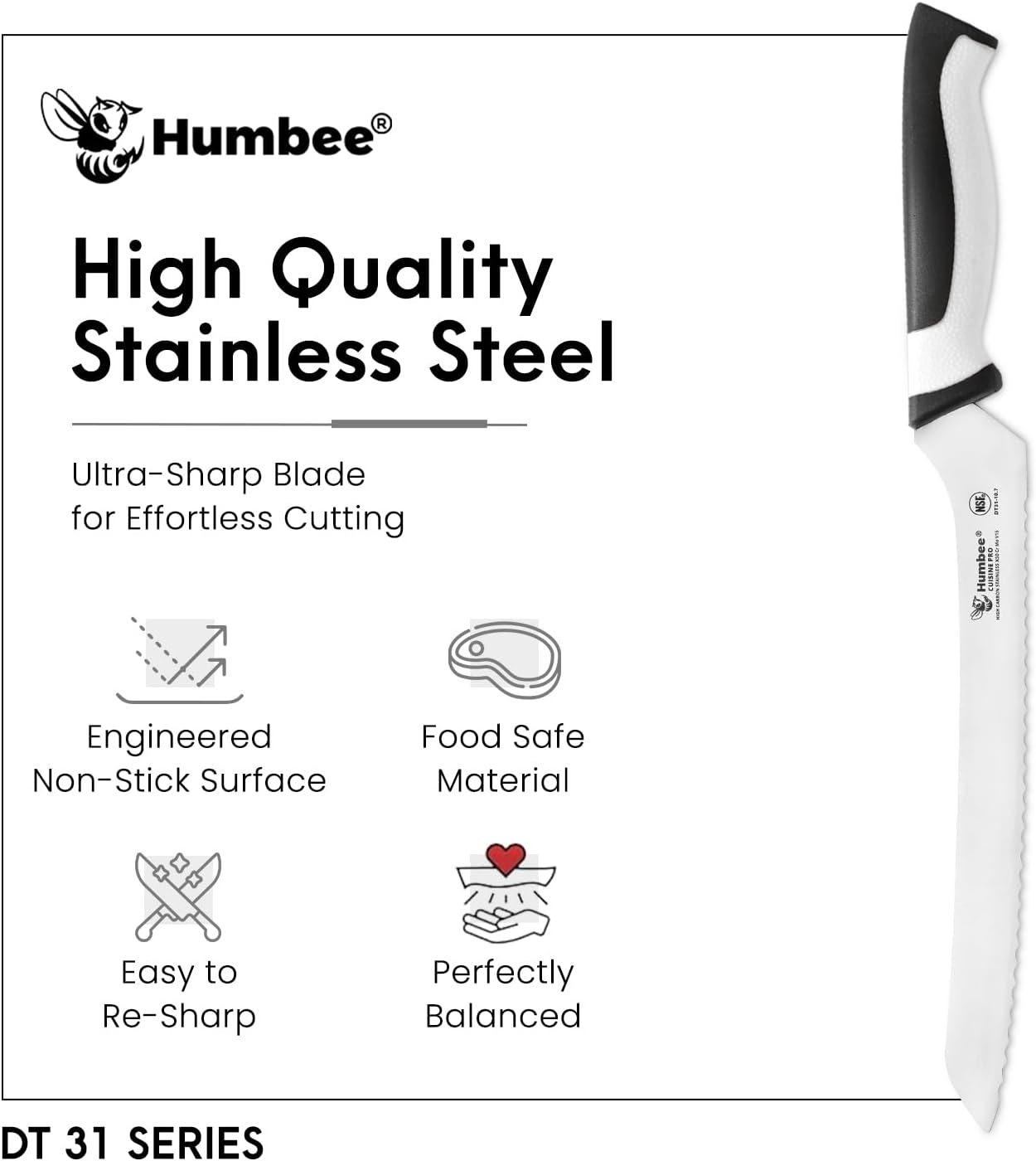 8-Inch Offset Serrated Bread Knife, Premium High Carbon Stainless Steel Blade Knife for Bread with Ergonomic Handle, NSF Certified, DT-31 Series, Black
