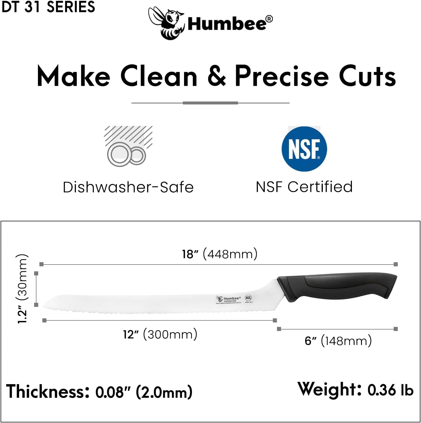 8-Inch Offset Serrated Bread Knife, Premium High Carbon Stainless Steel Blade Knife for Bread with Ergonomic Handle, NSF Certified, DT-31 Series, Black