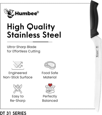 8-Inch Offset Serrated Bread Knife, Premium High Carbon Stainless Steel Blade Knife for Bread with Ergonomic Handle, NSF Certified, DT-31 Series, Black
