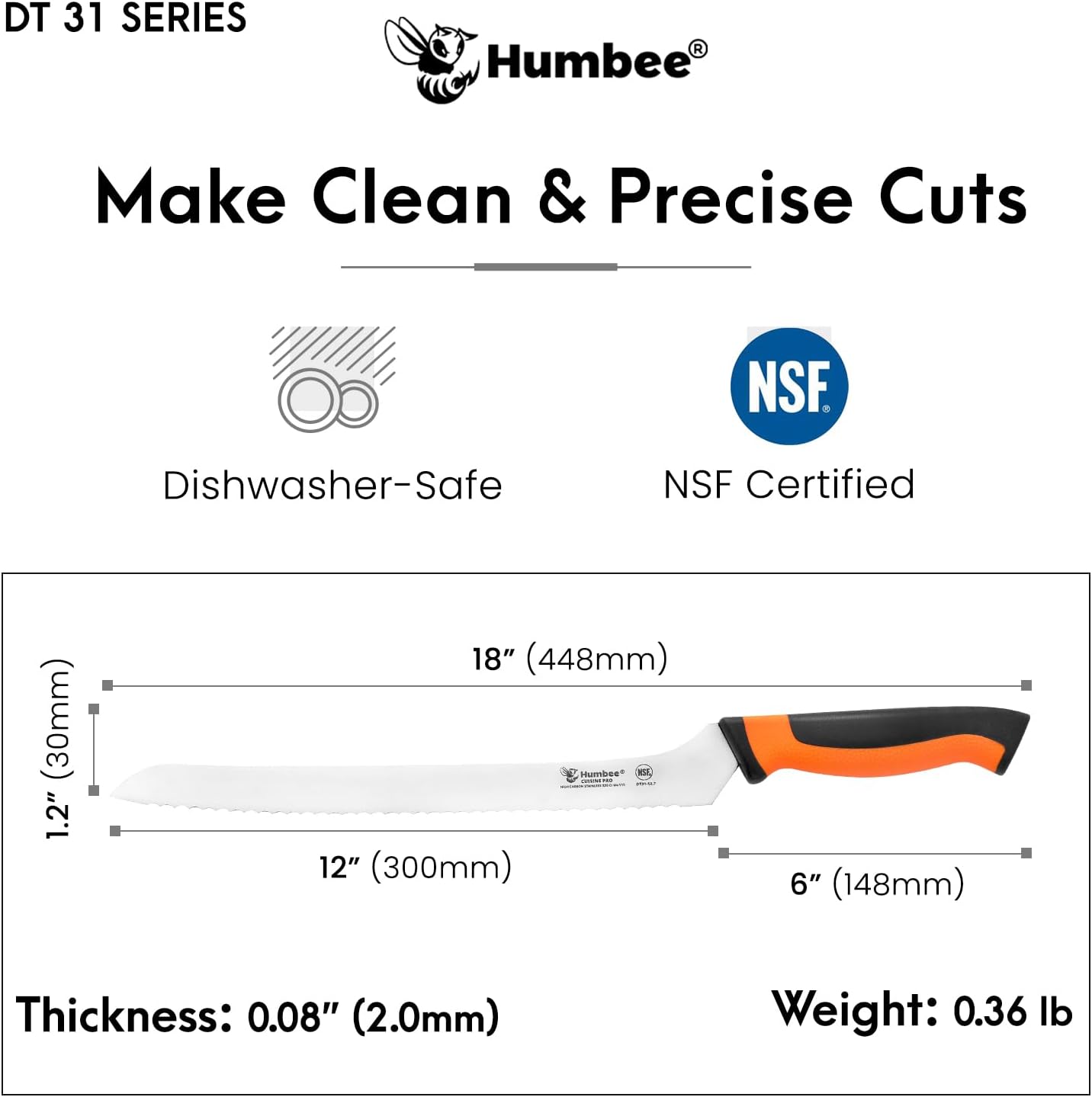 8-Inch Offset Serrated Bread Knife, Premium High Carbon Stainless Steel Blade Knife for Bread with Ergonomic Handle, NSF Certified, DT-31 Series, Black