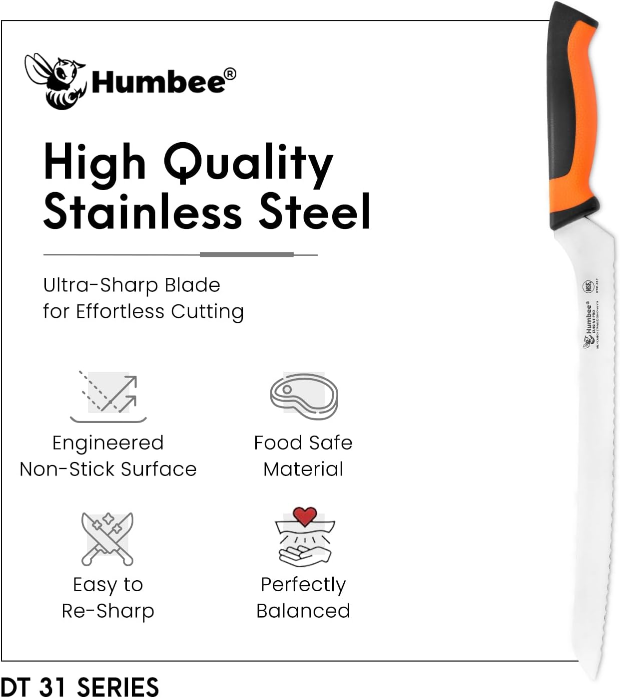 8-Inch Offset Serrated Bread Knife, Premium High Carbon Stainless Steel Blade Knife for Bread with Ergonomic Handle, NSF Certified, DT-31 Series, Black