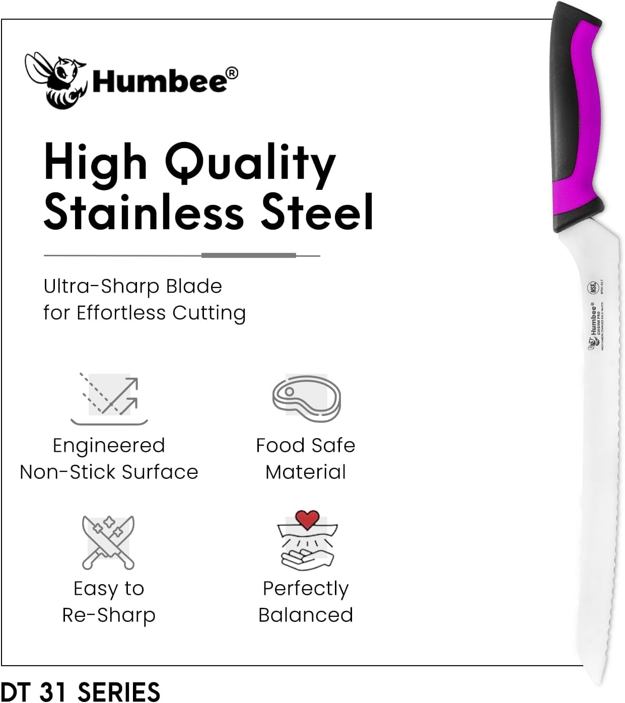8-Inch Offset Serrated Bread Knife, Premium High Carbon Stainless Steel Blade Knife for Bread with Ergonomic Handle, NSF Certified, DT-31 Series, Black