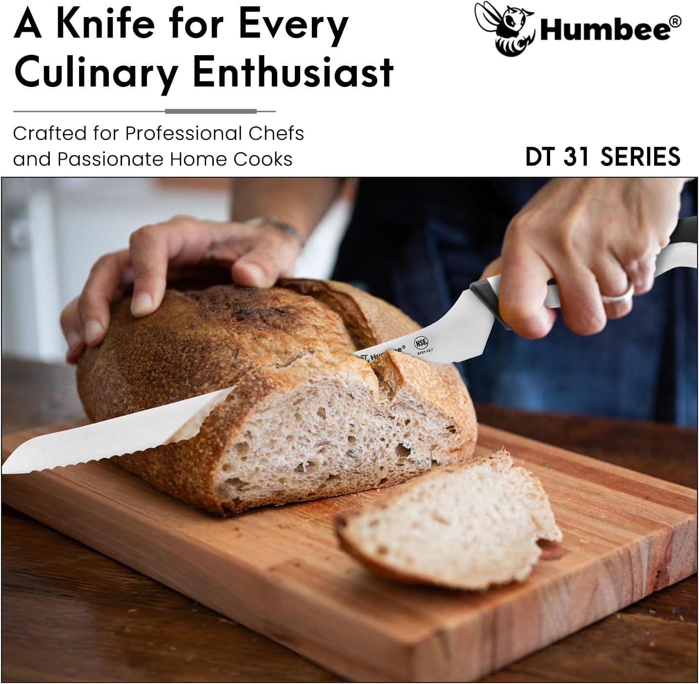 8-Inch Offset Serrated Bread Knife, Premium High Carbon Stainless Steel Blade Knife for Bread with Ergonomic Handle, NSF Certified, DT-31 Series, Black
