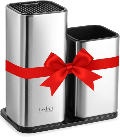 Knife Holder and Utensil Holder - Stainless-Steel Modern Rectangular Design Universal Knife Block and Kitchen Utensils Organizer for Counter-top