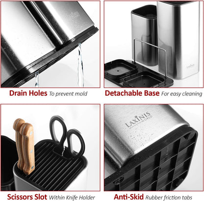 Knife Holder and Utensil Holder - Stainless-Steel Modern Rectangular Design Universal Knife Block and Kitchen Utensils Organizer for Counter-top