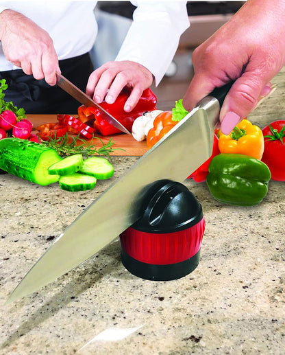 Knife Sharpener with Suction Kitchen Safety Seals to the Counter for One Handed Sharpening of Knives. In 3 Steps Blades Make Diamond Sharp Slices Rated Near Chef Quality. Skip the Electric Tool