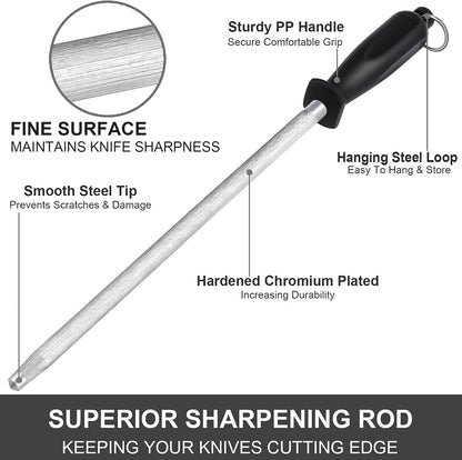 Kitchen Knife Sharpener Rod 12 inches, Premium Carbon Steel Honing Rod for Knife Sharpening, Easy to Use Honer for Knives and Honing Steel - Daily Maintenance