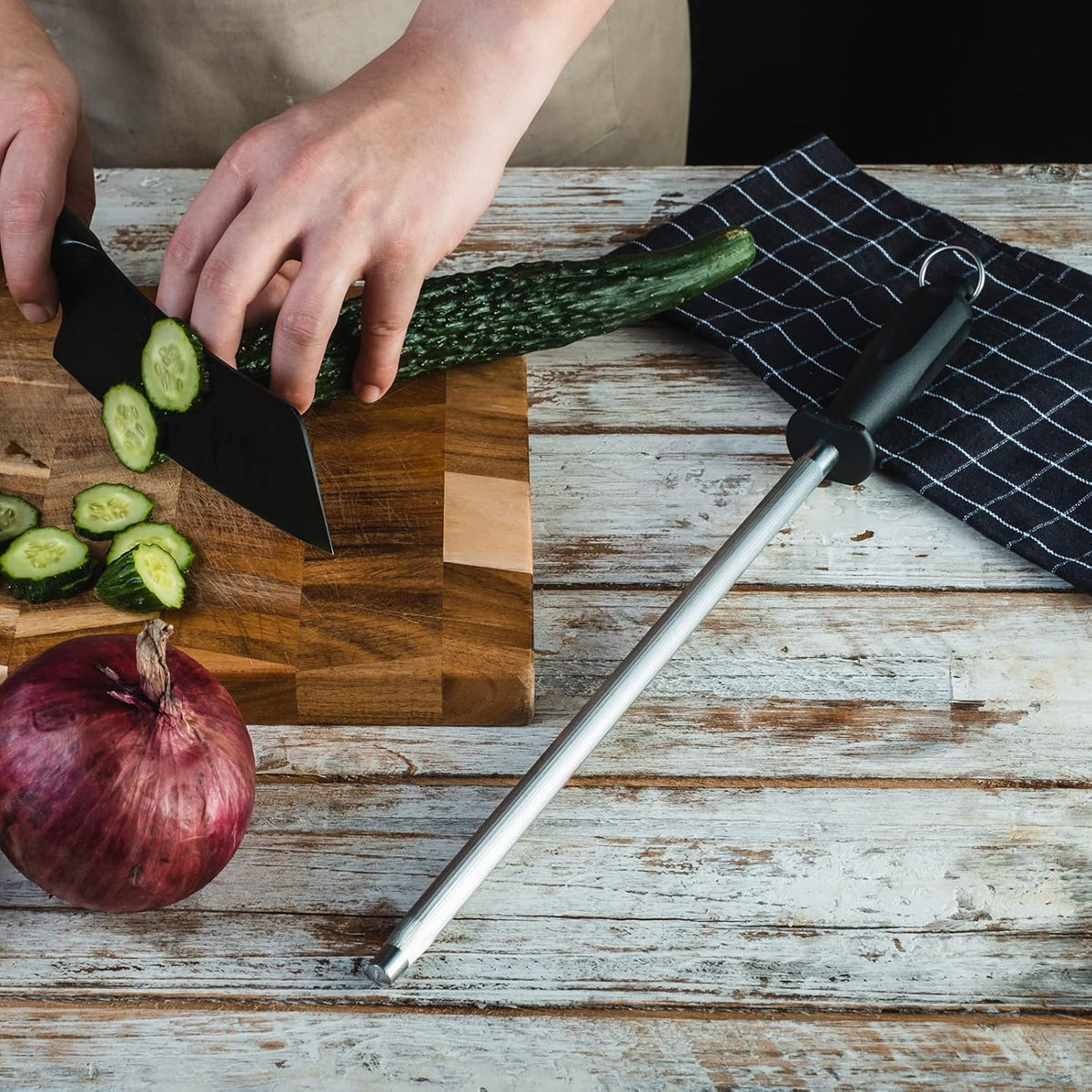 Kitchen Knife Sharpener Rod 12 inches, Premium Carbon Steel Honing Rod for Knife Sharpening, Easy to Use Honer for Knives and Honing Steel - Daily Maintenance