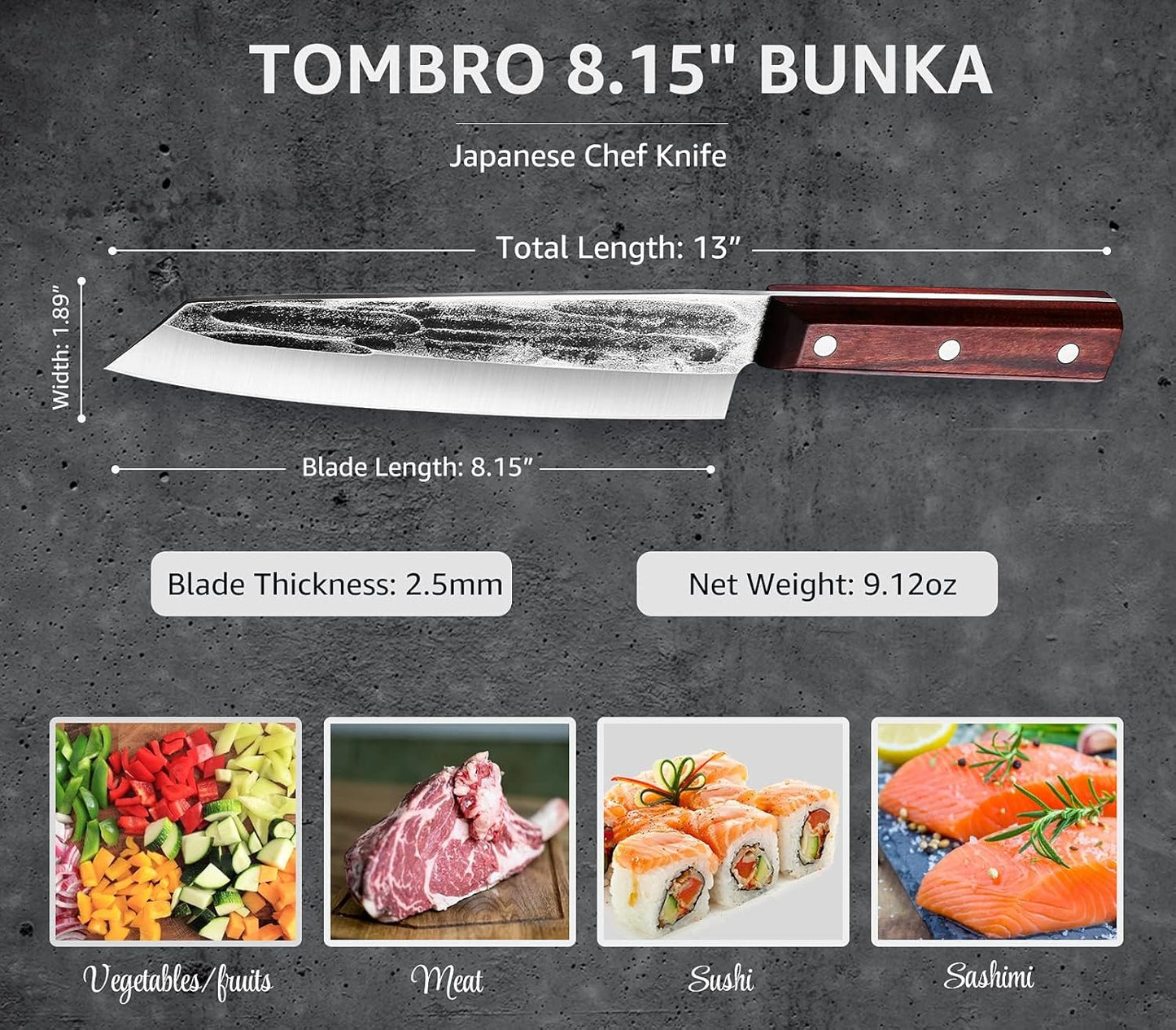 TOMBRO Chef Knife, 8.15" Forged Bunka Sashimi Knife, High Carbon Steel Kiritsuke Kitchen Knife with Octagonal Wooden Handle Professional for Cooking in Kitchen, Restaurant