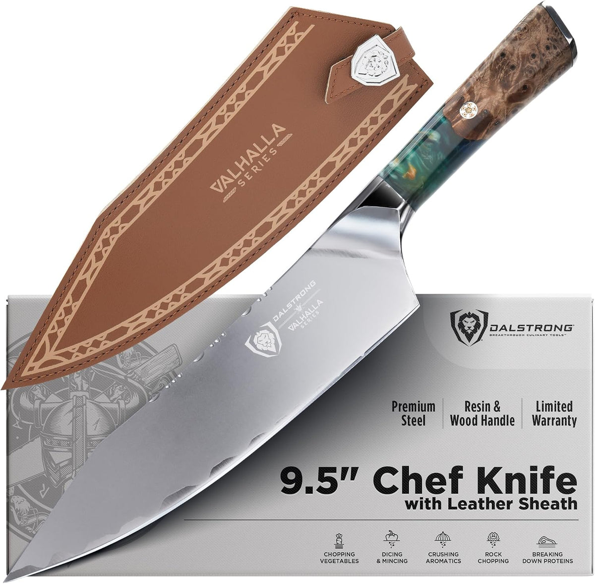 Chef Knife - 9.5 inch - Valhalla Series - 9CR18MOV HC Steel Kitchen Knife - White Resin & Wood Handle - Razor Sharp Chef's Knife - Kitchen Knife - Professional Cooking - w/Leather Sheath