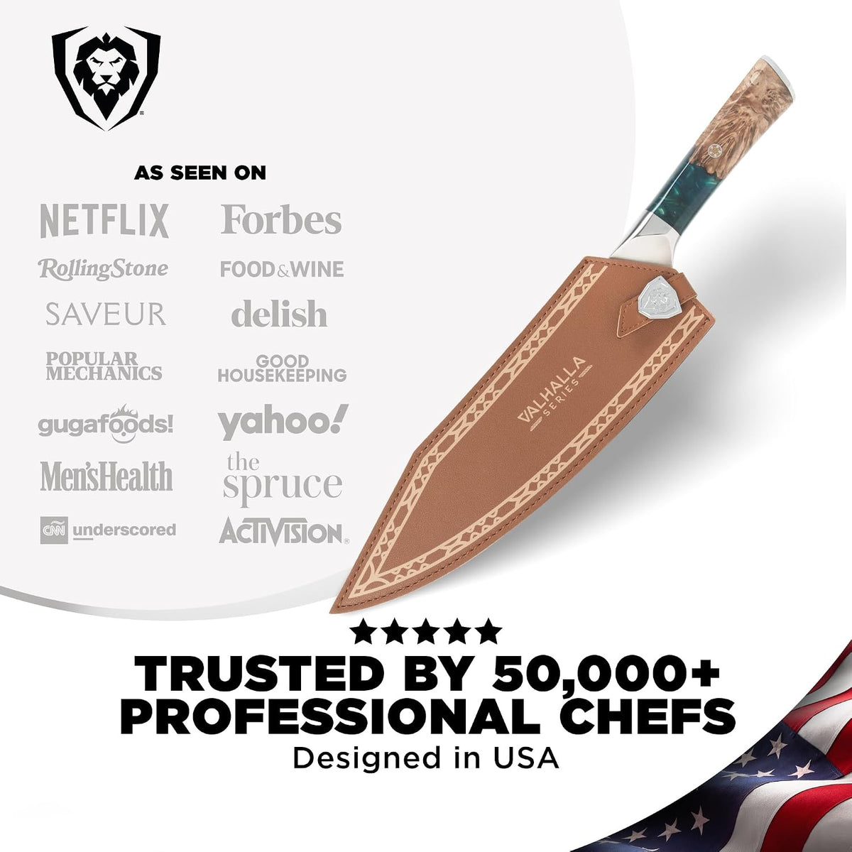 Chef Knife - 9.5 inch - Valhalla Series - 9CR18MOV HC Steel Kitchen Knife - White Resin & Wood Handle - Razor Sharp Chef's Knife - Kitchen Knife - Professional Cooking - w/Leather Sheath