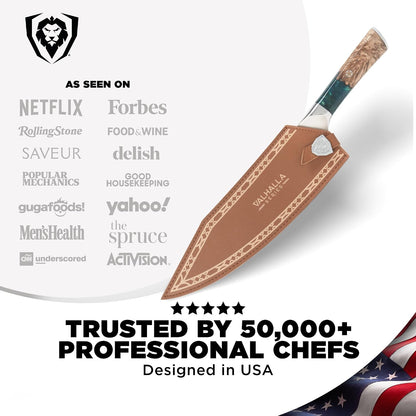 Chef Knife - 9.5 inch - Valhalla Series - 9CR18MOV HC Steel Kitchen Knife - White Resin & Wood Handle - Razor Sharp Chef's Knife - Kitchen Knife - Professional Cooking - w/Leather Sheath