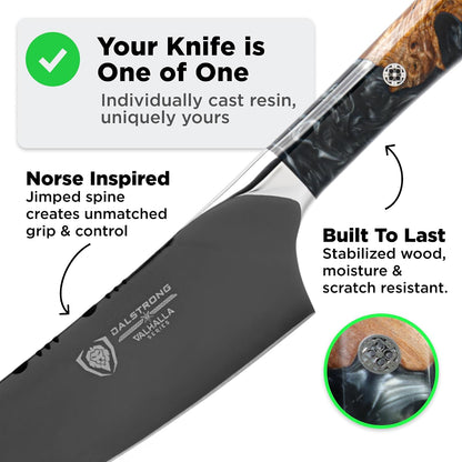 Chef Knife - 9.5 inch - Valhalla Series - 9CR18MOV HC Steel Kitchen Knife - White Resin & Wood Handle - Razor Sharp Chef's Knife - Kitchen Knife - Professional Cooking - w/Leather Sheath