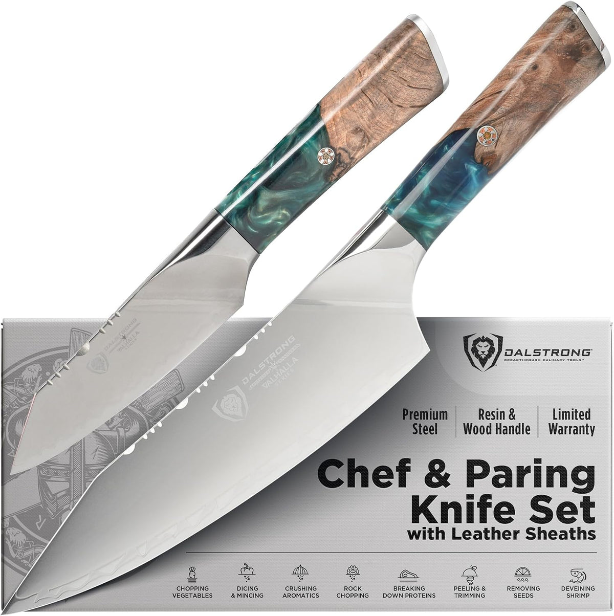 Chef Knife - 9.5 inch - Valhalla Series - 9CR18MOV HC Steel Kitchen Knife - White Resin & Wood Handle - Razor Sharp Chef's Knife - Kitchen Knife - Professional Cooking - w/Leather Sheath
