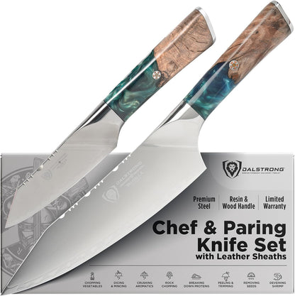 Chef Knife - 9.5 inch - Valhalla Series - 9CR18MOV HC Steel Kitchen Knife - White Resin & Wood Handle - Razor Sharp Chef's Knife - Kitchen Knife - Professional Cooking - w/Leather Sheath