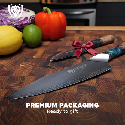 Chef Knife - 9.5 inch - Valhalla Series - 9CR18MOV HC Steel Kitchen Knife - White Resin & Wood Handle - Razor Sharp Chef's Knife - Kitchen Knife - Professional Cooking - w/Leather Sheath