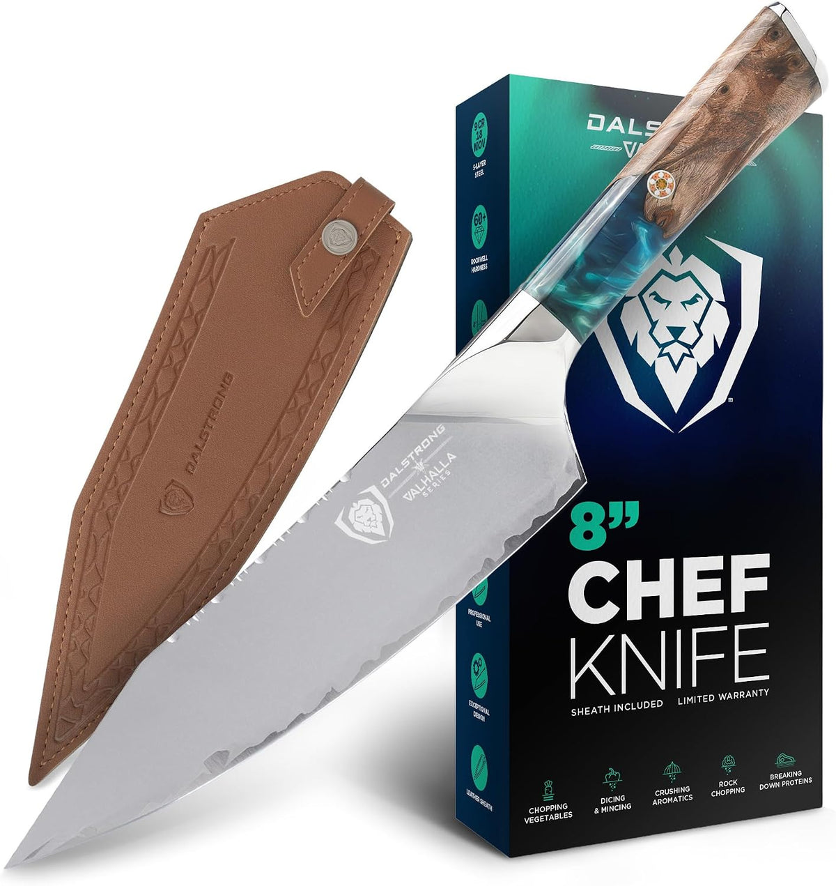 Chef Knife - 9.5 inch - Valhalla Series - 9CR18MOV HC Steel Kitchen Knife - White Resin & Wood Handle - Razor Sharp Chef's Knife - Kitchen Knife - Professional Cooking - w/Leather Sheath