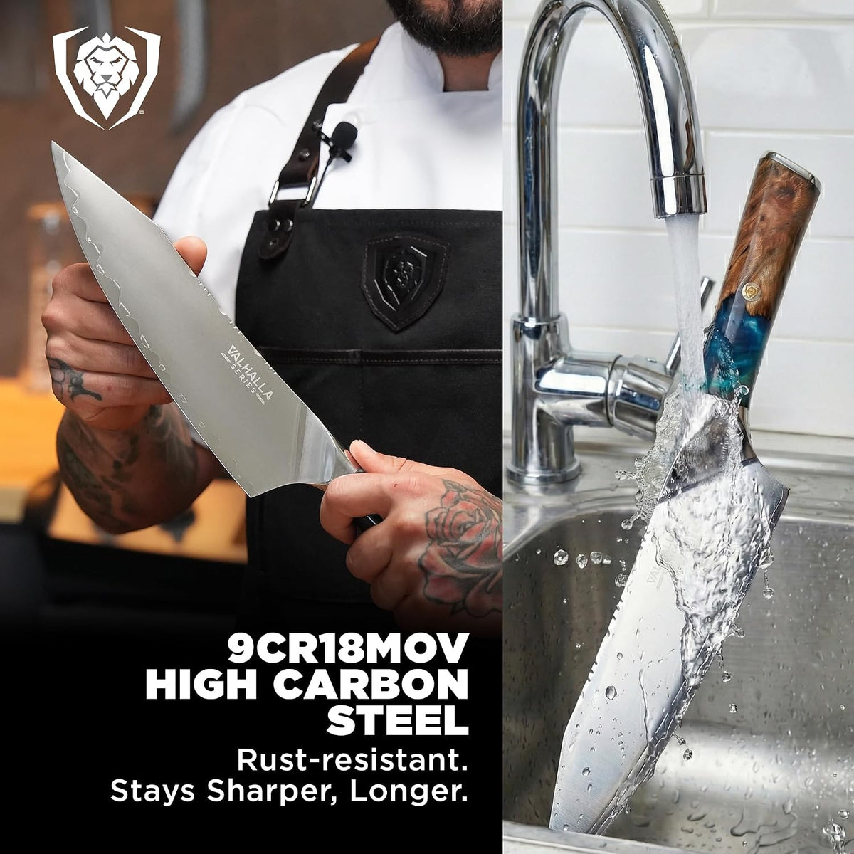 Chef Knife - 9.5 inch - Valhalla Series - 9CR18MOV HC Steel Kitchen Knife - White Resin & Wood Handle - Razor Sharp Chef's Knife - Kitchen Knife - Professional Cooking - w/Leather Sheath