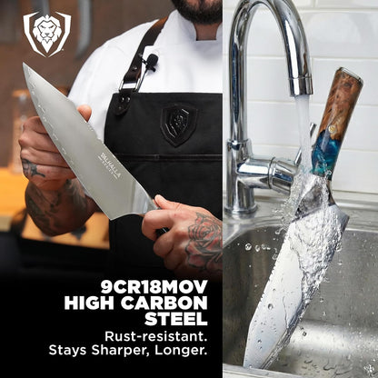 Chef Knife - 9.5 inch - Valhalla Series - 9CR18MOV HC Steel Kitchen Knife - White Resin & Wood Handle - Razor Sharp Chef's Knife - Kitchen Knife - Professional Cooking - w/Leather Sheath