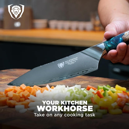 Chef Knife - 9.5 inch - Valhalla Series - 9CR18MOV HC Steel Kitchen Knife - White Resin & Wood Handle - Razor Sharp Chef's Knife - Kitchen Knife - Professional Cooking - w/Leather Sheath