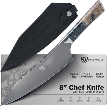 Chef Knife - 9.5 inch - Valhalla Series - 9CR18MOV HC Steel Kitchen Knife - White Resin & Wood Handle - Razor Sharp Chef's Knife - Kitchen Knife - Professional Cooking - w/Leather Sheath