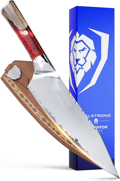 Chef Knife - 9.5 inch - Valhalla Series - 9CR18MOV HC Steel Kitchen Knife - White Resin & Wood Handle - Razor Sharp Chef's Knife - Kitchen Knife - Professional Cooking - w/Leather Sheath