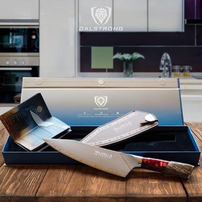 Chef Knife - 9.5 inch - Valhalla Series - 9CR18MOV HC Steel Kitchen Knife - White Resin & Wood Handle - Razor Sharp Chef's Knife - Kitchen Knife - Professional Cooking - w/Leather Sheath