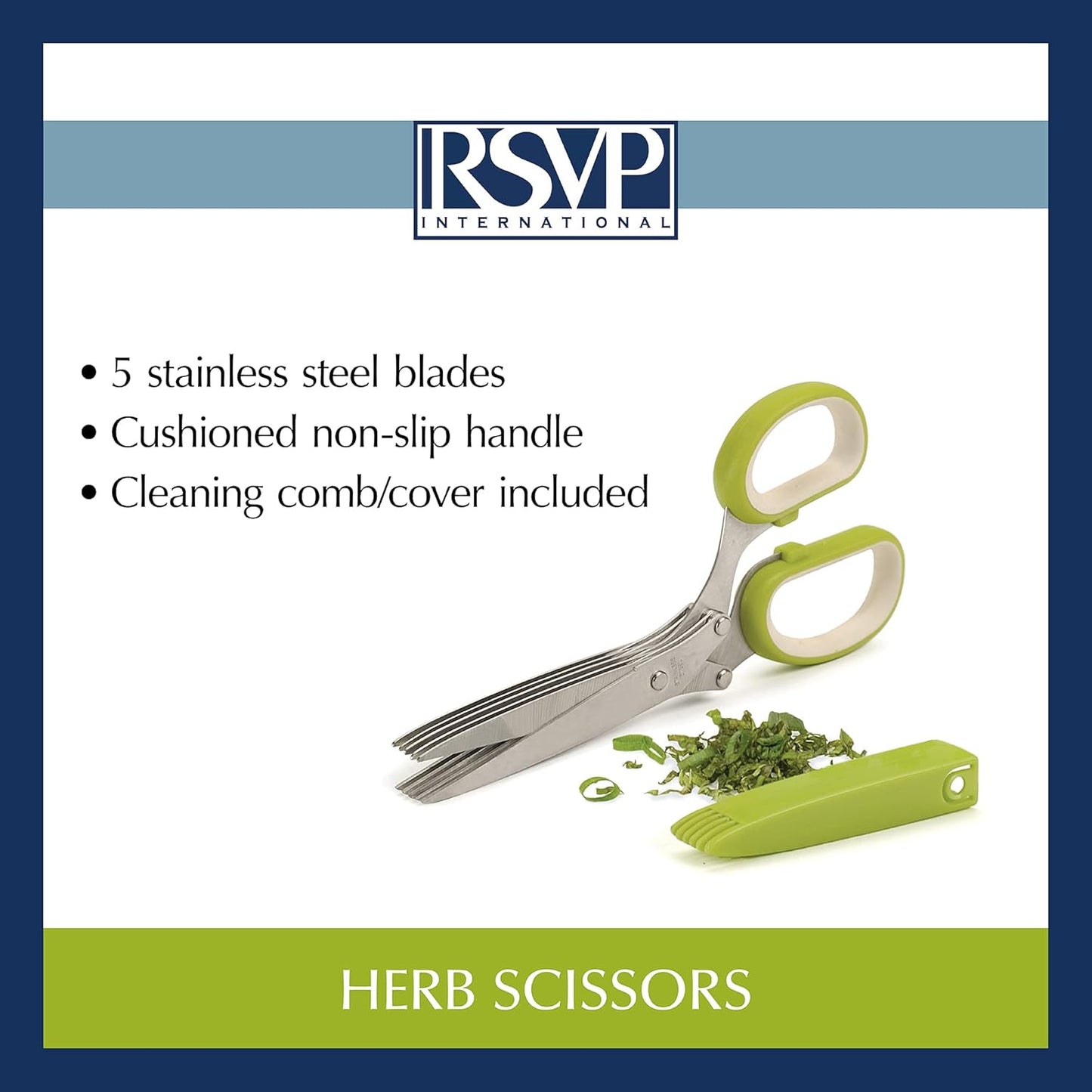 Kitchen Tool Collection Herb Scissors with Protective Cover/Blade Cleaner, Dishwasher Safe, 7.75x3.25"