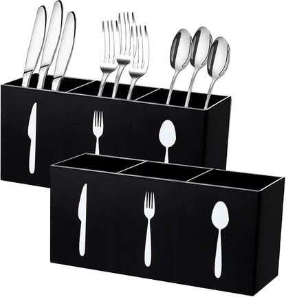 2 Pcs Acrylic Cutlery Storage Organizer Bin Silverware Cutlery Utensil Holder Caddy Knife Spoon and Fork Organizer 3 Section Tableware Storage Box for Kitchen Cabinet Flatware Dining Room Party