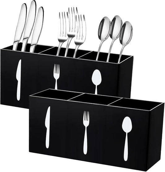 2 Pcs Acrylic Cutlery Storage Organizer Bin Silverware Cutlery Utensil Holder Caddy Knife Spoon and Fork Organizer 3 Section Tableware Storage Box for Kitchen Cabinet Flatware Dining Room Party