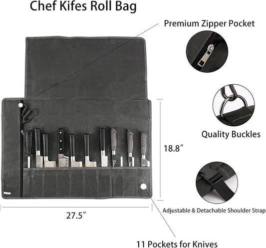 Chef’s Knife Roll Bag,Waxed Canvas Knife Cultery Carrier, Portable Chef Knife Cases,Knife Pouch Holders With 10 Slots Plus 1 Zipper Pockets Can Hold Home Kitchen Knife Tools Up To 18.8”