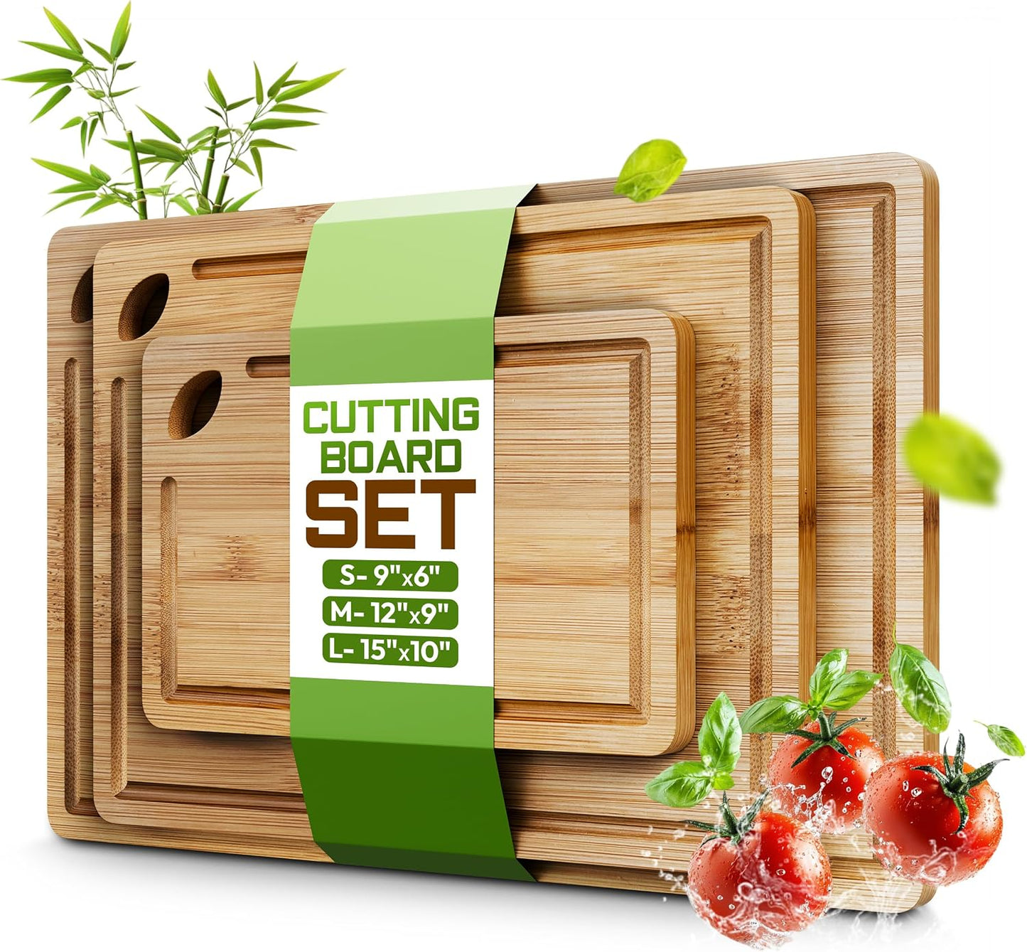 Bamboo Cutting Board Set of 3 (15x10, 12x9, 9x6) – Extra-Thick, Deep Juice Groove Wood Cutting Boards – Knife-Friendly for Kitchen Prep, Carving & Charcuterie – Easy to Clean