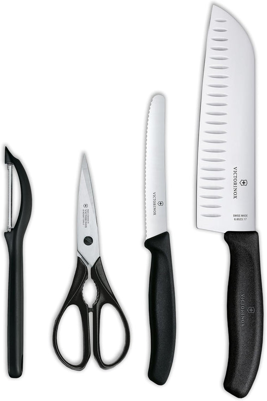 Swiss Classic 4 Piece Kitchen Set with Kitchen Knife, Paring Knife, Kitchen Shears and Universal Peeler (Black), Multiple