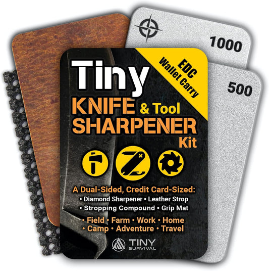Tiny Survival KNIFE & TOOL Sharpener KIT - Ultimate 4-IN-1 EDC KIT: Double-Sided, Dual Grit, Credit Card Diamond Pocket Field Sharpening Stone DWS + Mini Strop + Stropping Compound + Grip Matt - GIFT