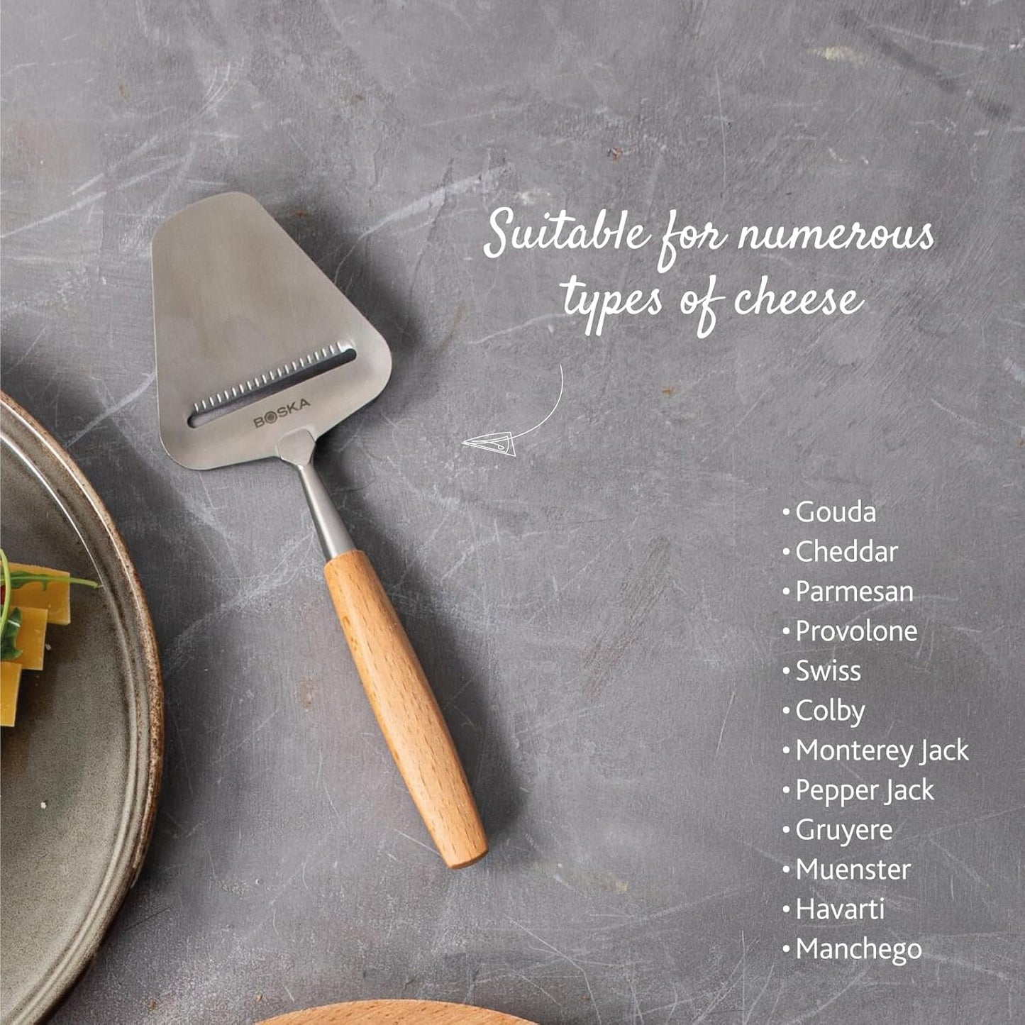 Stainless Steel Cheese Slicer - Copenhagen For All Types of Cheese - Multi-Functional Cheese Slicer - Handheld Slicer - Silver Non-Stick - Dishwasher Safe - For Kitchen Cooking