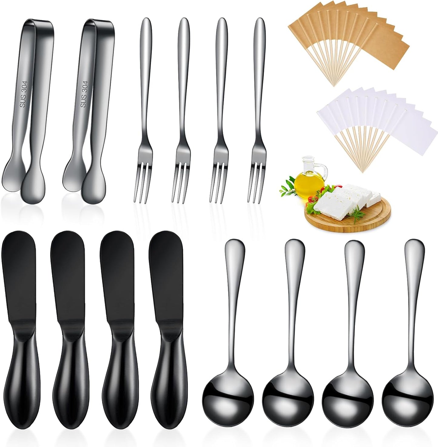 14 Pieces Charcuterie Board Accessories Cheese Spreader Knives Set Stainless Steel Charcuterie Utensils Spreader Knives Mini Serving Tongs Spoons and Forks for Cheese and Pastry Making(Silver)