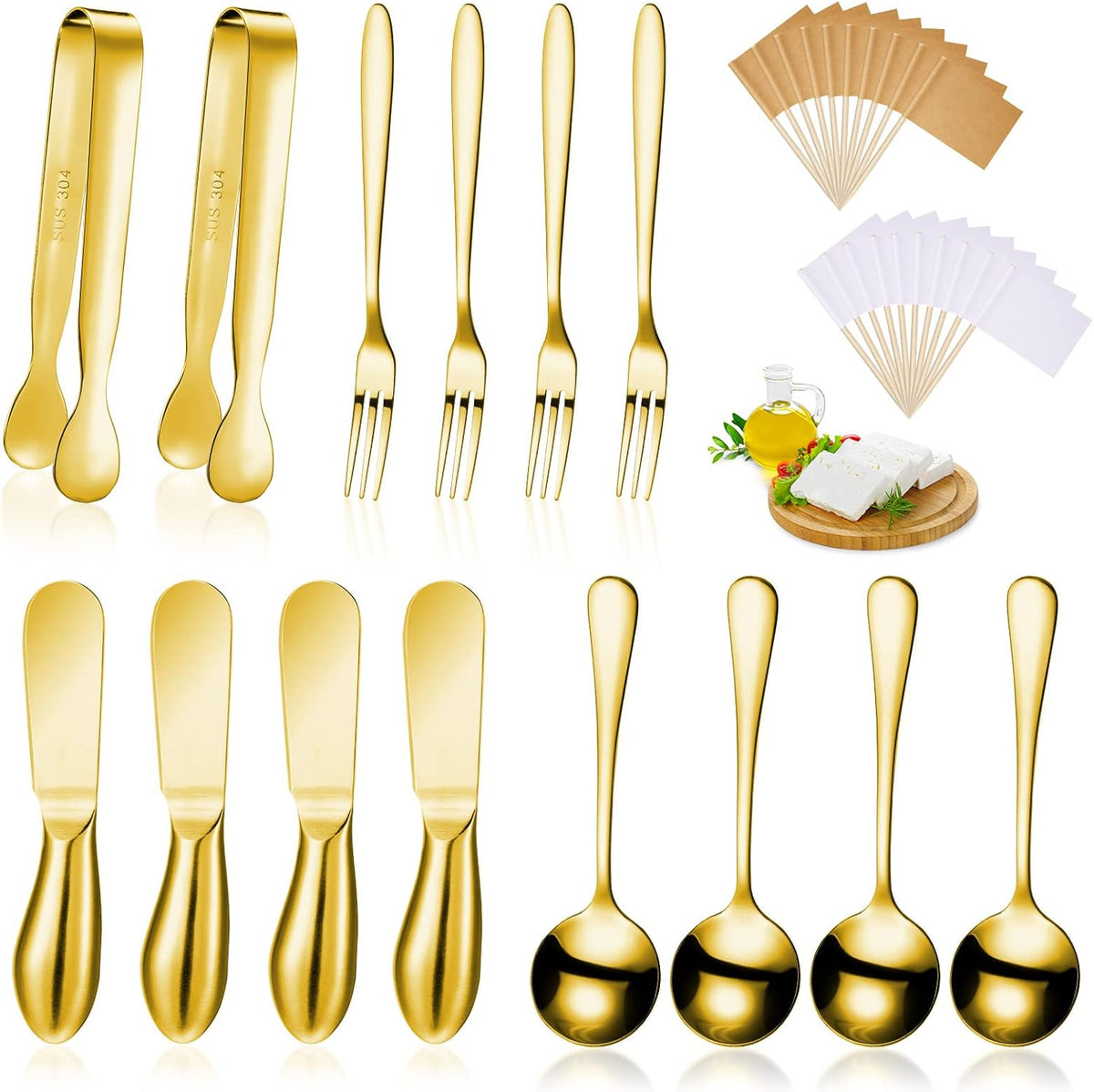 14 Pieces Charcuterie Board Accessories Cheese Spreader Knives Set Stainless Steel Charcuterie Utensils Spreader Knives Mini Serving Tongs Spoons and Forks for Cheese and Pastry Making(Silver)