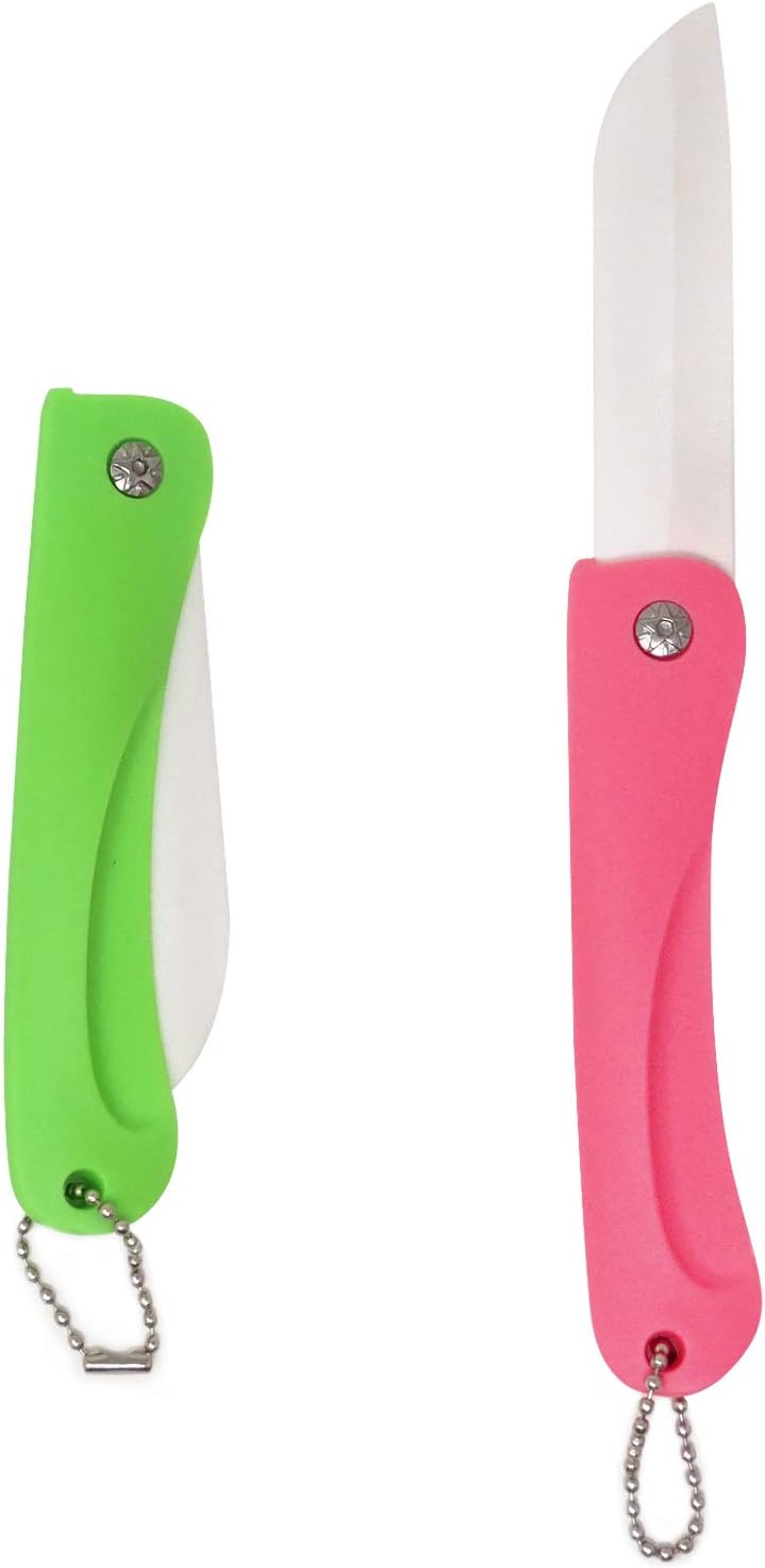 2PCS Ceramic Folding Knife Handy Fruit Knife for Home, Travel, Picnic, Camping, etc (Pink+Green)