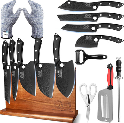 Authentic Since 1986, Kitchen Knife Set with Wooden Magnetic Knife Block, Scissors, Honing Steel, Peeler, Gloves, Vegetable Slicer Cooking Bread Butcher Chef Knives
