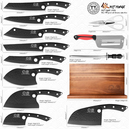 Authentic Since 1986, Kitchen Knife Set with Wooden Magnetic Knife Block, Scissors, Honing Steel, Peeler, Gloves, Vegetable Slicer Cooking Bread Butcher Chef Knives