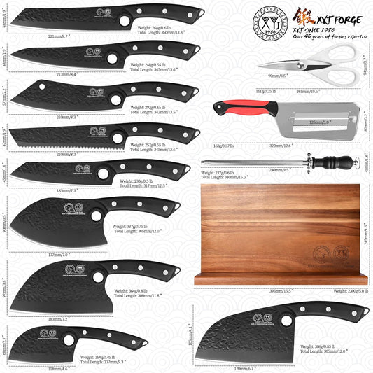Authentic Since 1986, Kitchen Knife Set with Wooden Magnetic Knife Block, Scissors, Honing Steel, Peeler, Gloves, Vegetable Slicer Cooking Bread Butcher Chef Knives