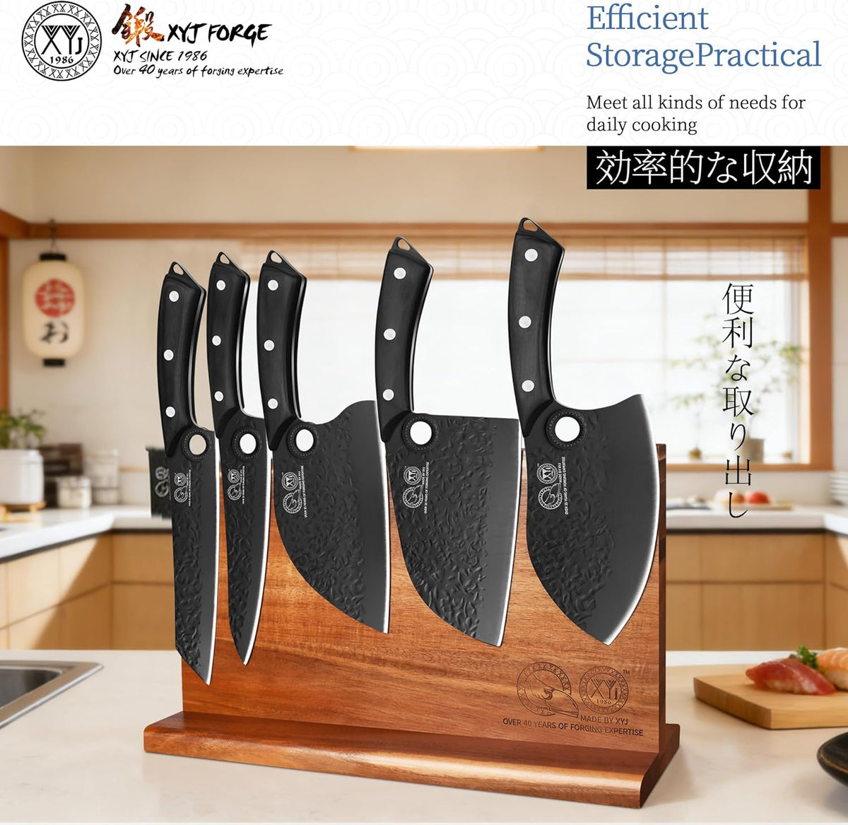 Authentic Since 1986, Kitchen Knife Set with Wooden Magnetic Knife Block, Scissors, Honing Steel, Peeler, Gloves, Vegetable Slicer Cooking Bread Butcher Chef Knives