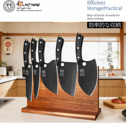 Authentic Since 1986, Kitchen Knife Set with Wooden Magnetic Knife Block, Scissors, Honing Steel, Peeler, Gloves, Vegetable Slicer Cooking Bread Butcher Chef Knives