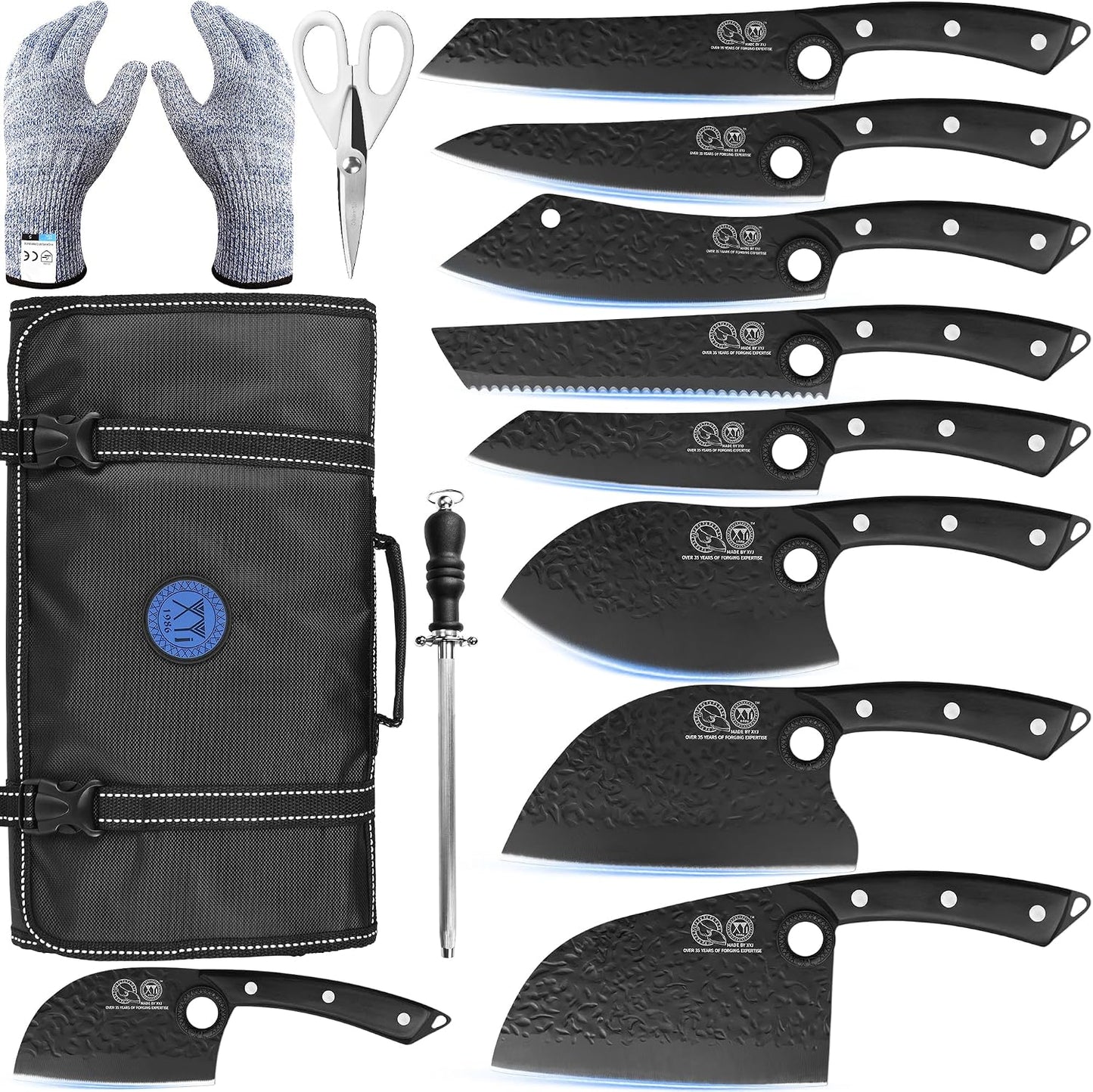 Authentic Since 1986, Kitchen Knife Set with Wooden Magnetic Knife Block, Scissors, Honing Steel, Peeler, Gloves, Vegetable Slicer Cooking Bread Butcher Chef Knives