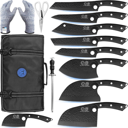 Authentic Since 1986, Kitchen Knife Set with Wooden Magnetic Knife Block, Scissors, Honing Steel, Peeler, Gloves, Vegetable Slicer Cooking Bread Butcher Chef Knives