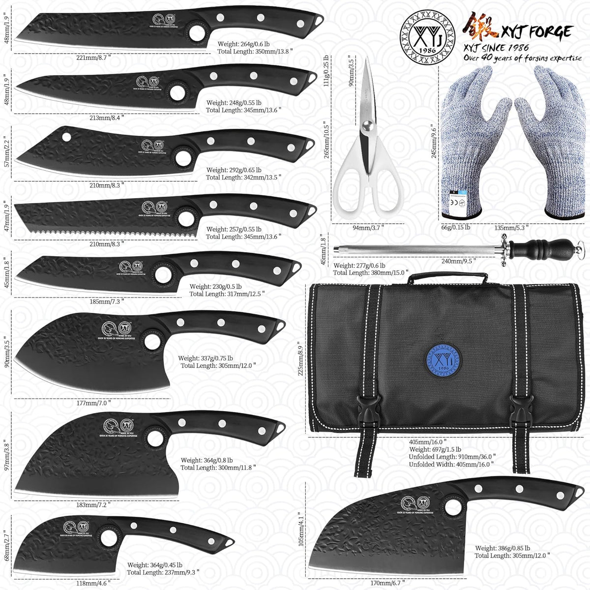 Authentic Since 1986, Kitchen Knife Set with Wooden Magnetic Knife Block, Scissors, Honing Steel, Peeler, Gloves, Vegetable Slicer Cooking Bread Butcher Chef Knives